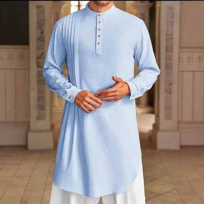 Men's Muslim Dress Long-sleeved Clothing 100% Cotton Pullover Kaftan Robe Men Jubba Thobe Pakistan Saudi Arab Caftan Islamic Top