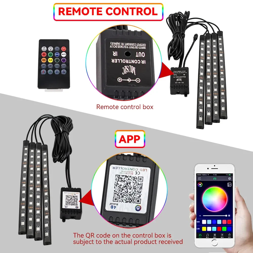 Neon Car Interior Ambient Foot Light with USB Wireless Remote Music App Control RGB 48 LED Atmosphere Decorative Lamp
