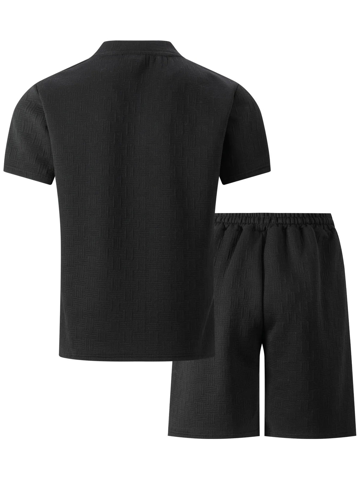 2025 summer new men's suit leisure solid color jacquard round neck fashion all-match short-sleeved T-shirt drawstring shorts set