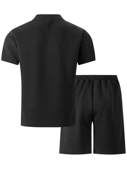 2025 summer new men's suit leisure solid color jacquard round neck fashion all-match short-sleeved T-shirt drawstring shorts set