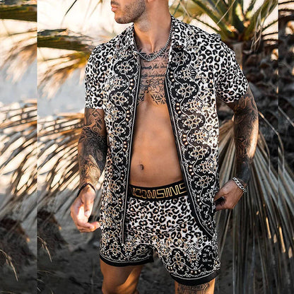 2024 Summer Men's Fashion Leopard Print Short Sleeve Shirt And Shorts Set Beach Style T Shirt Breathable Shorts Two Piece Set