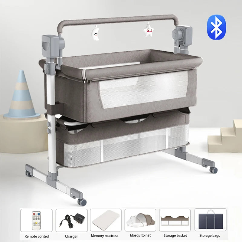 Electric Baby Crib Bassinet Cradle Bluetooth Music Timer with Automatic Swing Remote Control Foldable Design Breathable Mesh Sides Soft Mattress Stable Frame Safe Sleeping Bed for Newborn Infant Home Use and Travel Comfort Ba