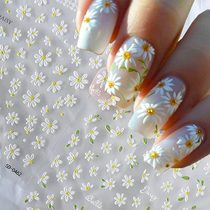 2pcs 5D White Daisy Design Nail Art Stickers Embossed Daisy Floret Green Leaf Nail Art Decals DIY Spring Summer Decor Stickers