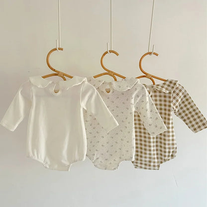 2024 New Spring Children Clothes Toddler Baby Girls Romper Long Sleeved Cotton Lattice Printing Infant Baby Girls Jumpsuit