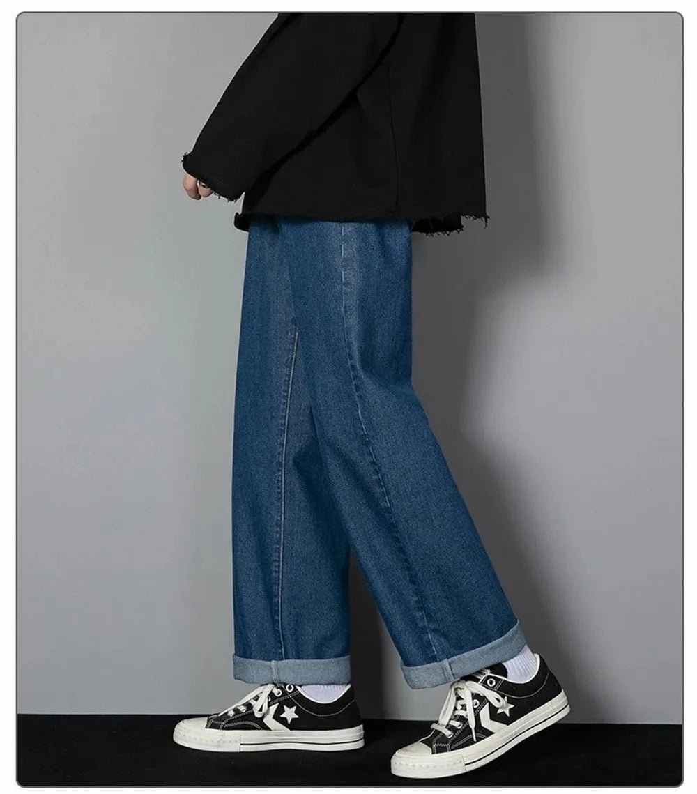 Korean Solid Colors Men's Casual Long Jeans Classic Man Four Seasons Straight Denim Wide-leg Pants Light Blue Grey Black 3XL