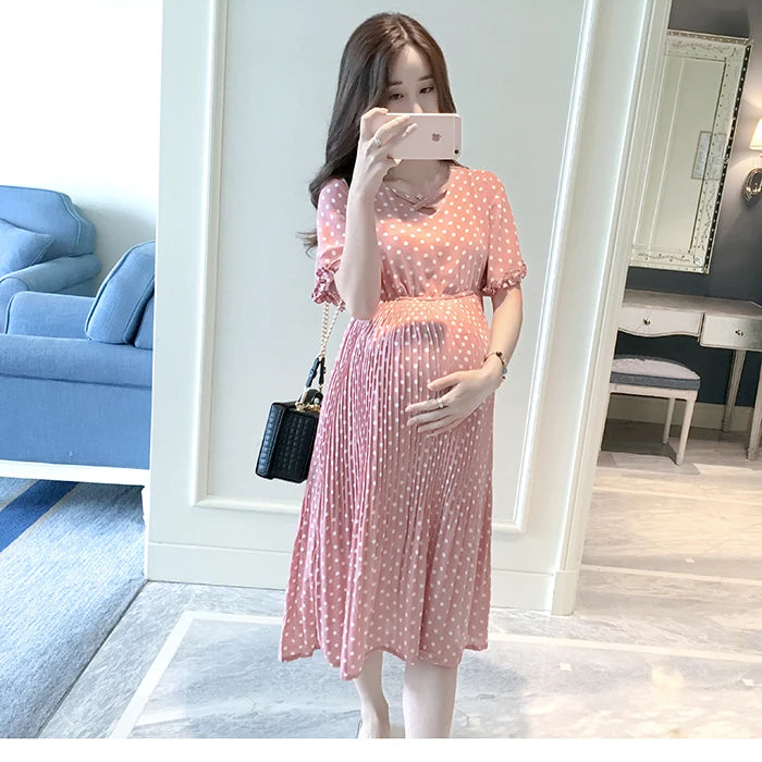 Summer Maternity Dress for Pregnant Women Petal Collar Bubble Sleeve High Waist Peter Pan Casual Temperament Gown