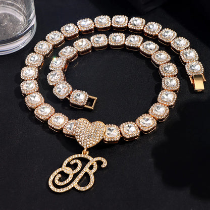 Hip Hop Bling Crystal Cursive Letter Initial Pendant Necklace Women Iced Out Cuban Choker Square Tennis Chain Necklace Jewelry