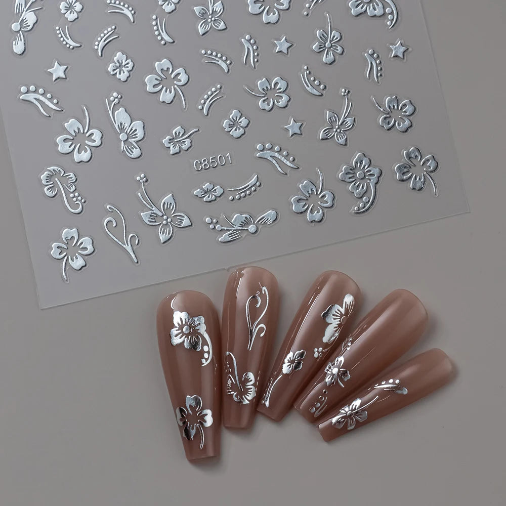 5D Hibiscus Flower Nail Embossed Sticker Lace Flower White Pink Petal Floral Self Adhesive Nail Art Slider DIY Elegant Romantic