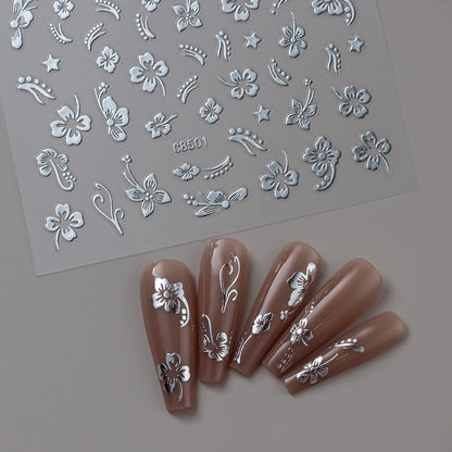 5D Hibiscus Flower Nail Embossed Sticker Lace Flower White Pink Petal Floral Self Adhesive Nail Art Slider DIY Elegant Romantic