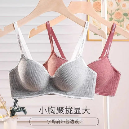 6cm Thickened Push-Up Bra for Small Chest Wireless No Steel Ring Letter Print Adjustable Straps Anti-Slip Pads Seamless Lingerie