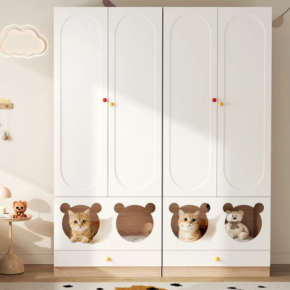 80x50x200cm Kids Wardrobe with Hanging Rod Integrated Cat Bed Design Lacquered Board and Particle Board with Colorful Ceramic Handles White and Natural Wood Color Multifunctional Storage Cabinet Suitable for Bedroom Home Furn