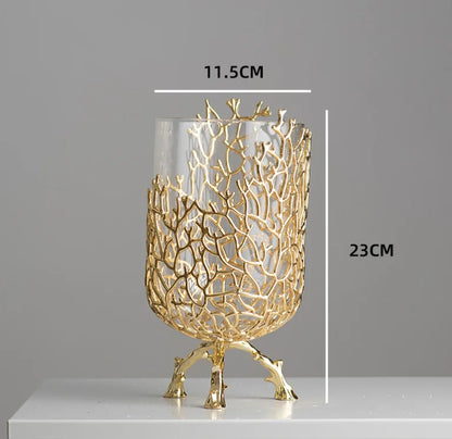 Gold Hollow Coral Vase Transparent Glass Vase Ornament Metal Rack Living Room Hydroponic Flower Arrangement Home Decoration
