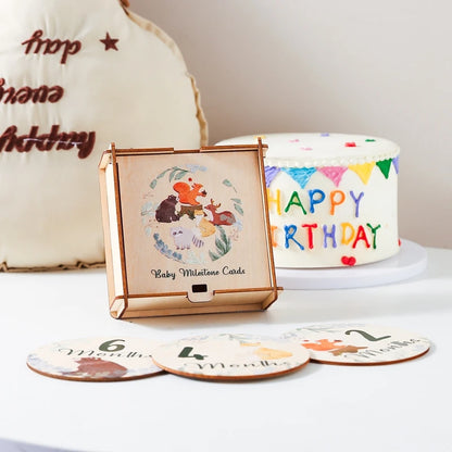 Newborn Baby Growth Milestones 0-12 Months Wooden Card With Box Photo Accessory Cartoon Animal Picture Souvenir Wooden Baby Gift
