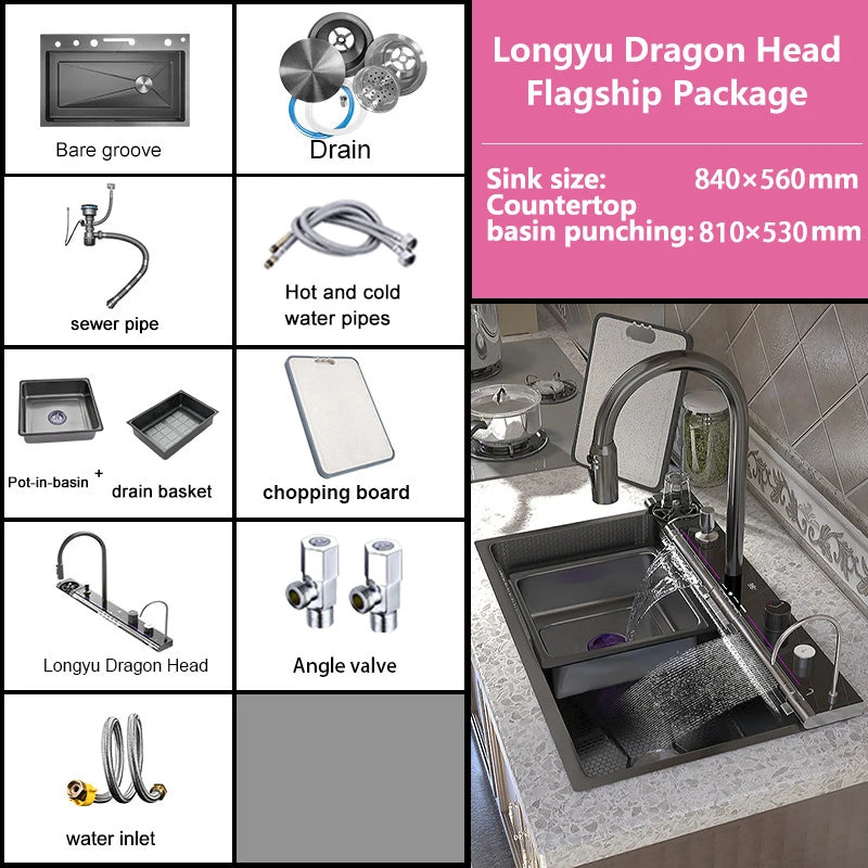 Household Waterfall Digital Display Kitchen Sink Stainless Steel Multifunction Wash Dish and Vegetables Basin Large Single Slot