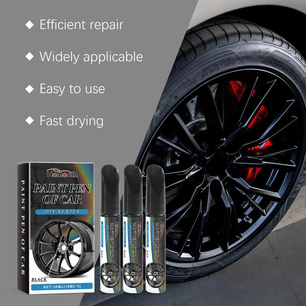 3pcs Black Alloy Wheel Scratch Repair Pen Set Professional Car Rim Scuff Remover DIY Touch-Up Paint Kit for Gloss Black Wheels