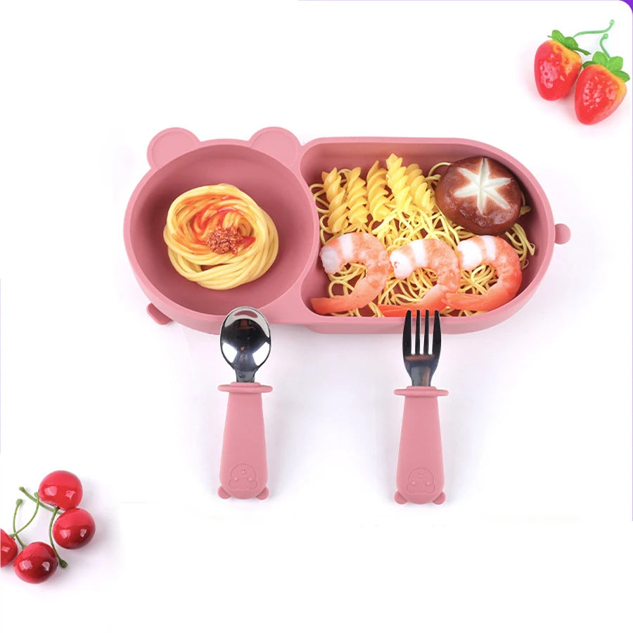Baby Silicone Suction Cup Bowl Cute Bear Design Macaron Color 100% Food Grade Silicone BPA Free Double plate design for meals