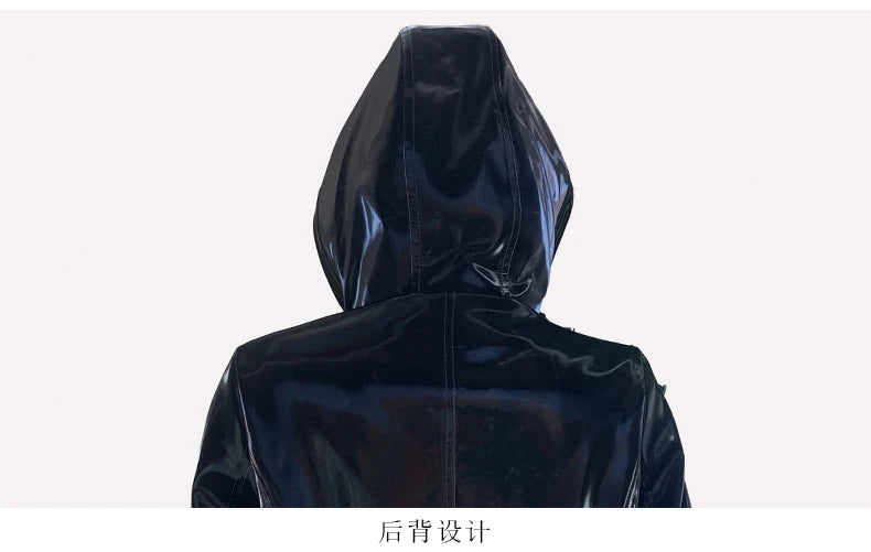 Nerazzurri Spring Fitted Waterproof Shiny Reflective Black Patent Faux Leather Jacket Women with Hood Zipper Red Autumn Clothes