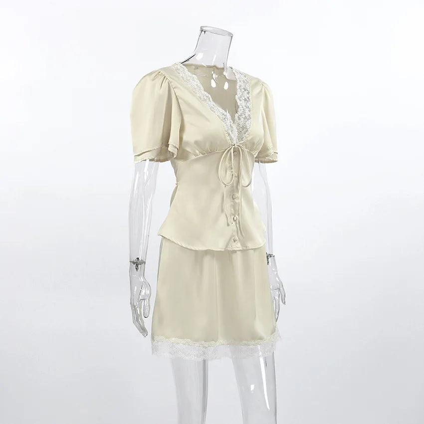 Elegant Satin Lace Patchwork Skirt Two-piece Set V Neck Short Sleeve Lace Up Tops Mini Skirts Suit 2026 New Party Daily Outfits