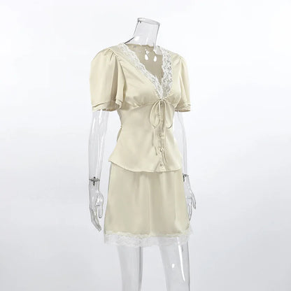 Elegant Satin Lace Patchwork Skirt Two-piece Set V Neck Short Sleeve Lace Up Tops Mini Skirts Suit 2026 New Party Daily Outfits
