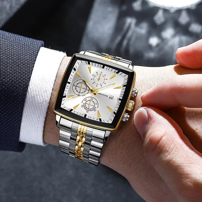 Luxury Square Dial Men Quartz Wristwatch Fashion Stainless Steel Man Business Watches With Calendar Reloj Hombre (Without Box)