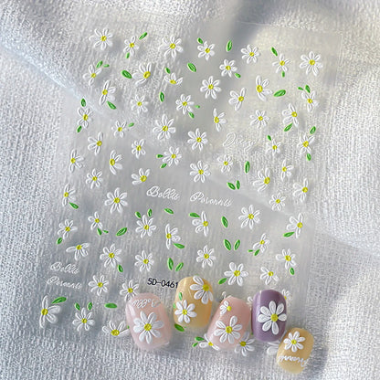 5D Hibiscus Flower Nail Embossed Sticker Lace Flower White Pink Petal Floral Self Adhesive Nail Art Slider DIY Elegant Romantic