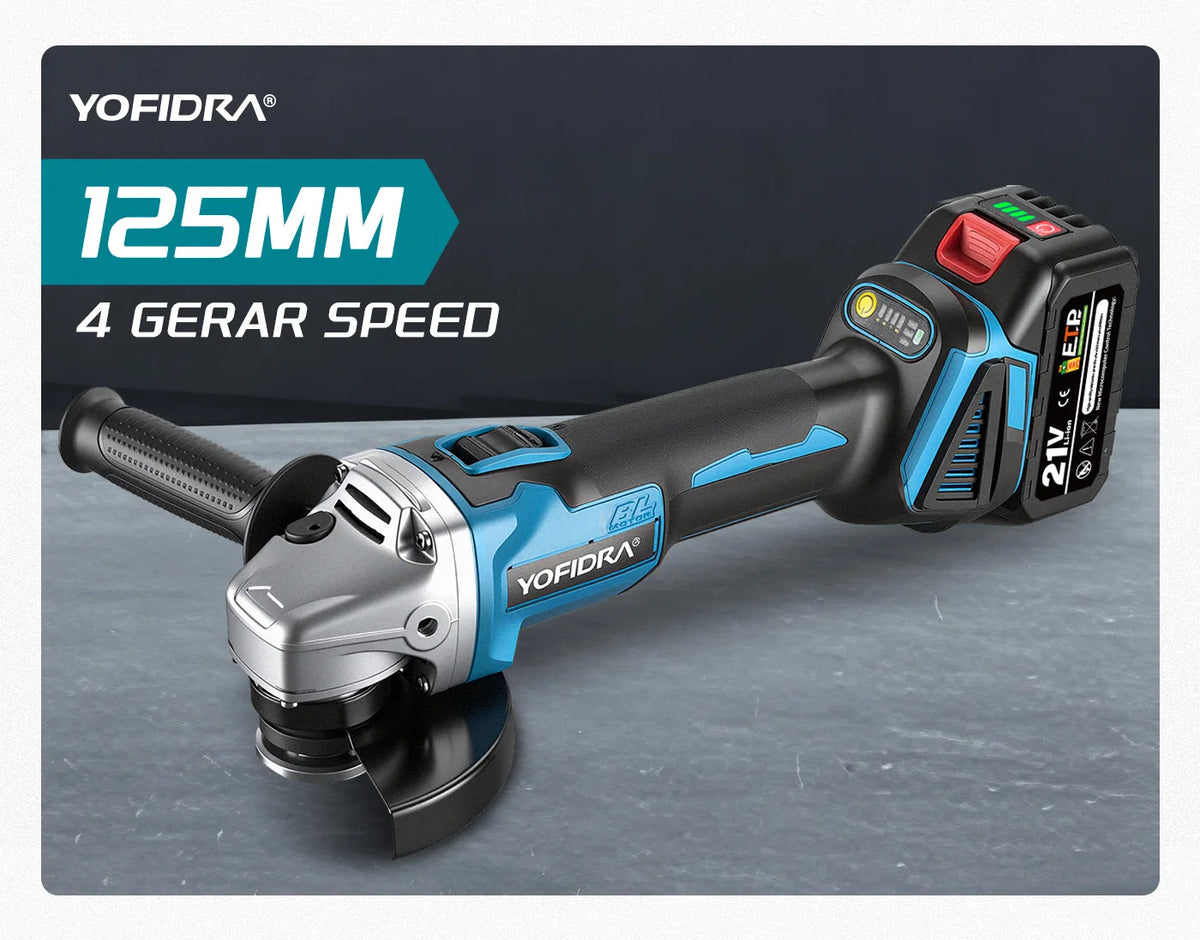 YOFIDRA 125mm 4 Gears Brushless Electric Angle Grinder Metal Wood Grinding Polishing Cutting Power Tool For Makita Battery Pin