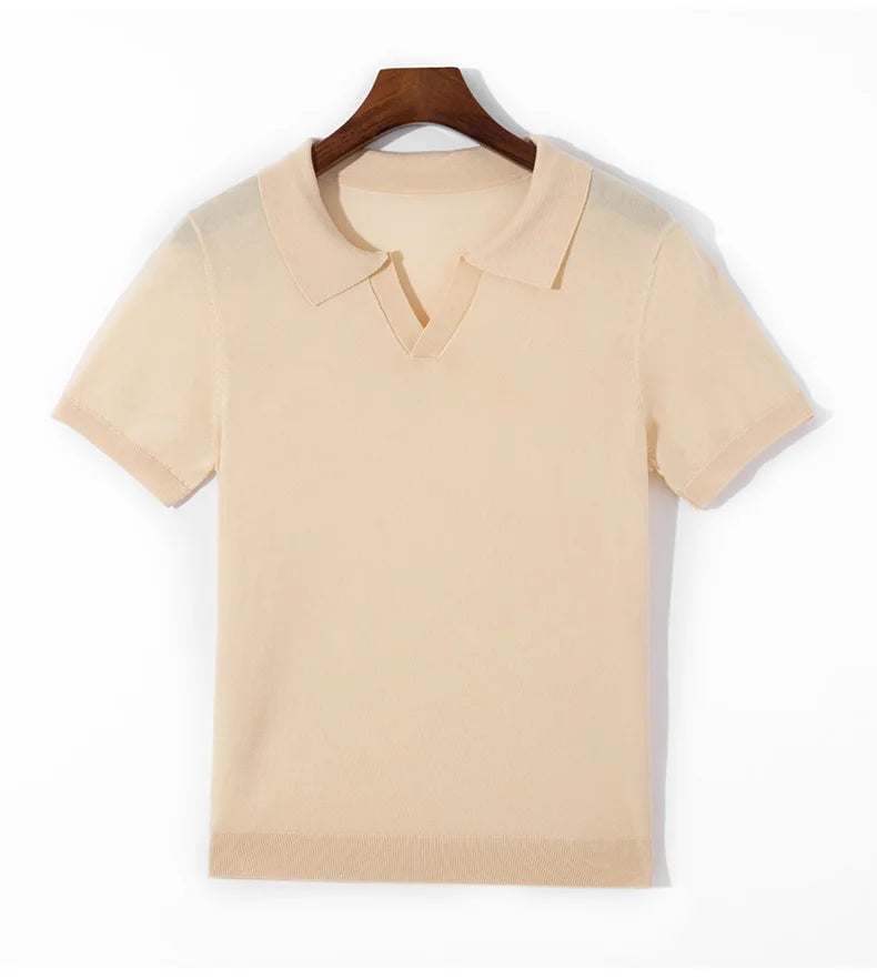 Spring and summer new 100% pure wool business casual knitting technology men's breathable soft lapel Polo short sleeve T-shirt.