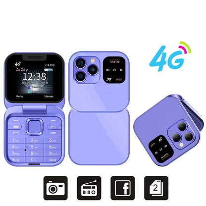 SERVO I16 PRO 4G LTE Mini Flip Mobile Phone Dual SIM Standby Call Recording Speed Dial FM Radio 1.77' Screen Foldable Cellphones