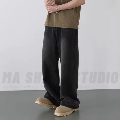 Spring Autumn Men's New Denim Pants Old Blue Washed Casual Jeans Menwear Loose New Fashion Contrasting Color Wide Leg Trousers