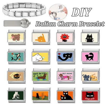 2026 Women's Funny Cat Bite Tail Elephant Dog Animals Italian Charm Link Fit 9mm Stainless Steel Module Bracelet Making Jewelrys