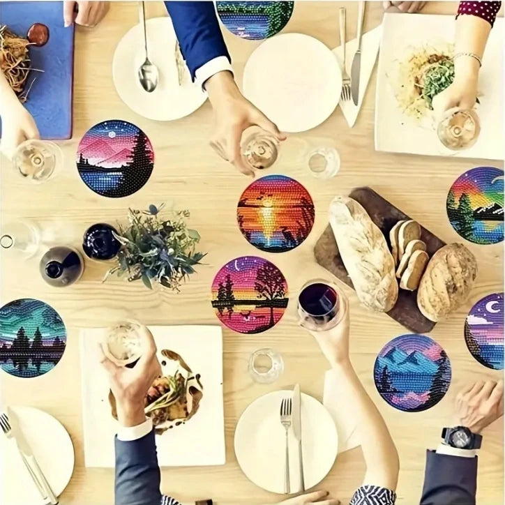 8pcs/Set DIY Diamond Painting Coasters with Holder Anti Slip Wood Drip Mats Crystal Rhinestones Diamond Art Coasters for Adults
