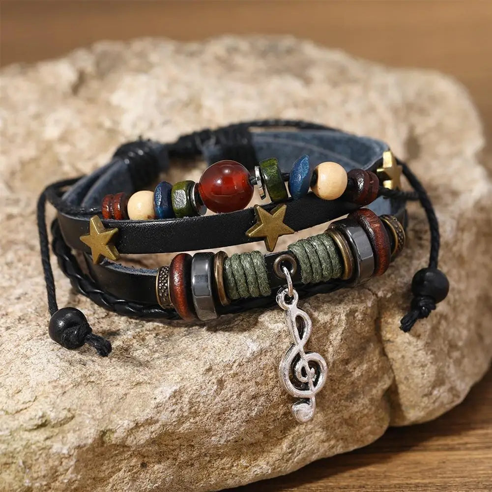 High-end Men And Women Beads Leather Bracelet Vintage Bracelet Bracele Bracelet Star Note Bracelet Musical Adjustable Multi F9J3