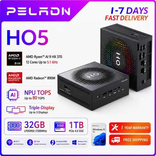 PELADN Gaming Mini PC AMD Ryzen AI 9 HX 370 (12 Cores，up to 5.1Ghz), 32GB LPDDR5X 1TB PCIe 4.0 SSD Dual 2.5G LAN USB4 20Gbps Type-C/DP/HD Mini Desktop Computer WiFi7 4K/60Hz Triple-Display USB3.2/BT5.4 Mini Computers