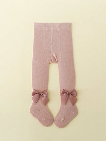 0-36 Month Baby Girls Solid Color Pantyhoses with Threaded Bowknots,Elastic Waist Leggings Tights for Casual Daily Spring Autumn