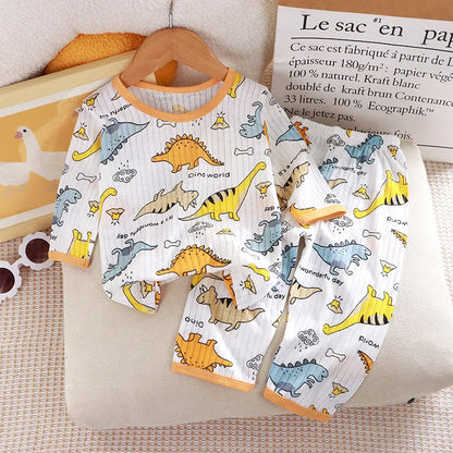 1Set Summer Pour Cotton Boy Girl Outfit Baby Infant T-shirt+Pant Set Kid Cartoon Clothe Set Children Solid Air Conditioning Suit