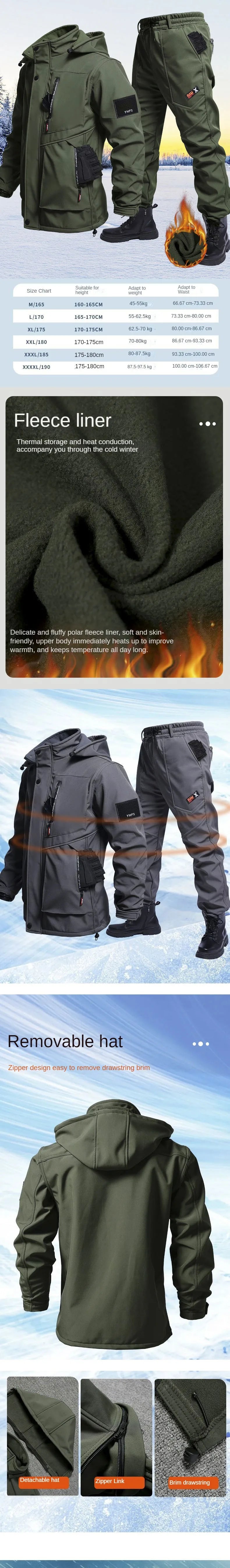 Autumn And Winter Solid Color Hooded And Velvet Assault Set Outdoor Labor Protection Suit Casual Mountaineering Work Suit