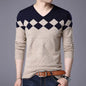 Autumn Winter New Men V-neck Pullover Sweaters Plaid Casual Korean Clothing Tees Fashion Slim Long Sleeve Bottoming Knitted Tops