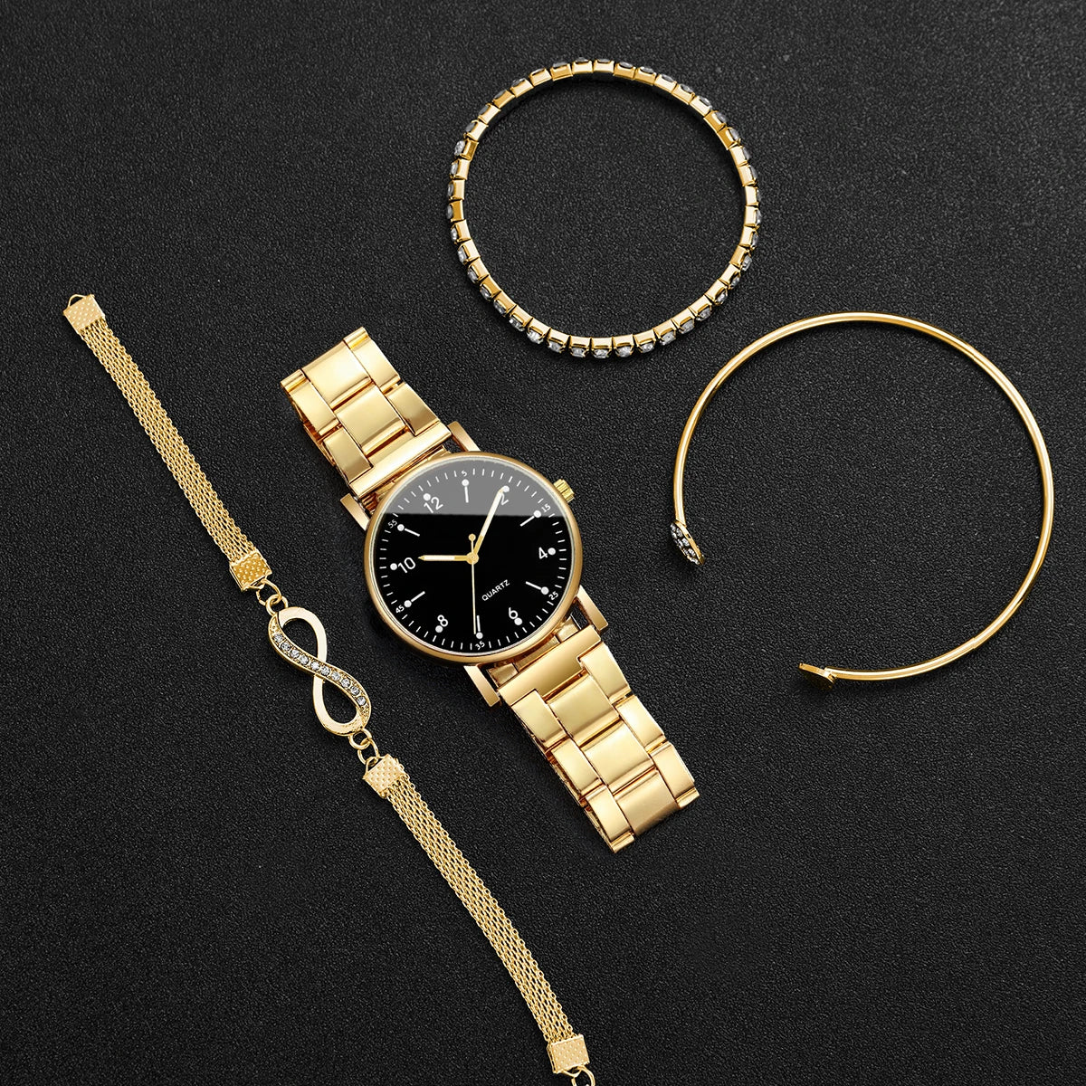 4PCS/Set Fashion Arabic Dial Women Watches Ladies Quartz Wristwatch Rhinestone Bracelets Set Reloj Mujer（Without Box）
