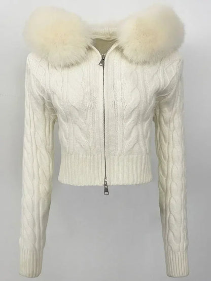 Fashion Natural Fox Fur Collar with Knitted Sweater Women Casual Sweater 2025 New Spring Autumn Slim Fit Elastic Oversized Coat