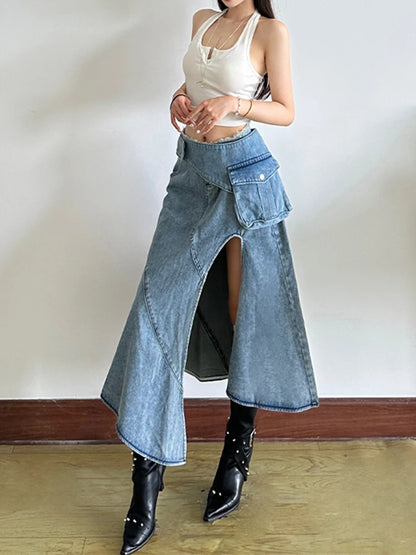 [EAM] High Waist Blue Denim Irregular Hem Slit Midi A-line Half-body Skirt Women Fashion Tide New Spring Autumn 2026 1DJ6538