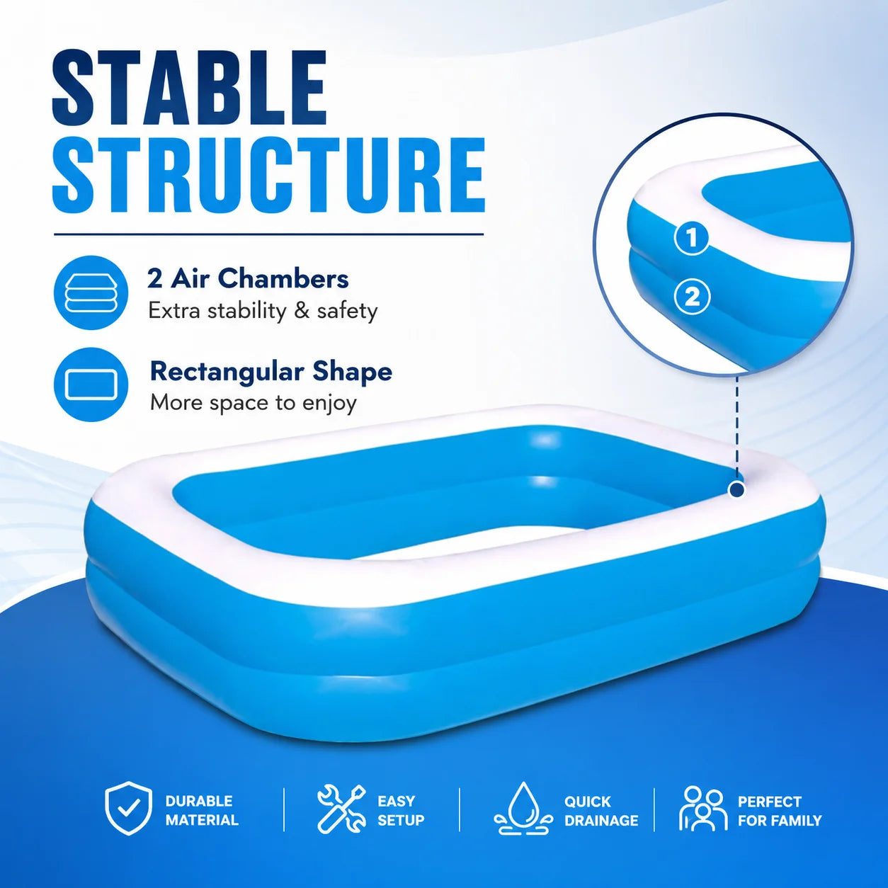 Bestway Jumbo Inflatable Swimming Pool 270x175x51cm 982L Rectangular Outdoor Pool with 2 Air Chambers and Drain Valve