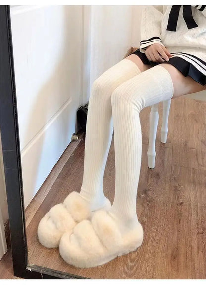 Cashmere Knitted Knee High Socks Women's Solid Soft Long Wool Socks Casual Fluffy Warm Stocking Skinny Thicken Thigh High Socks