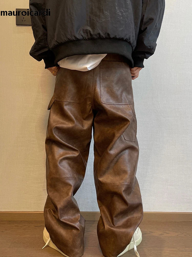 Mauroicardi Autumn Long Retro Cool Baggy Distressed Washed Brown Soft Pu Leather Wide Leg Pants for Men Luxury Designer Clothes