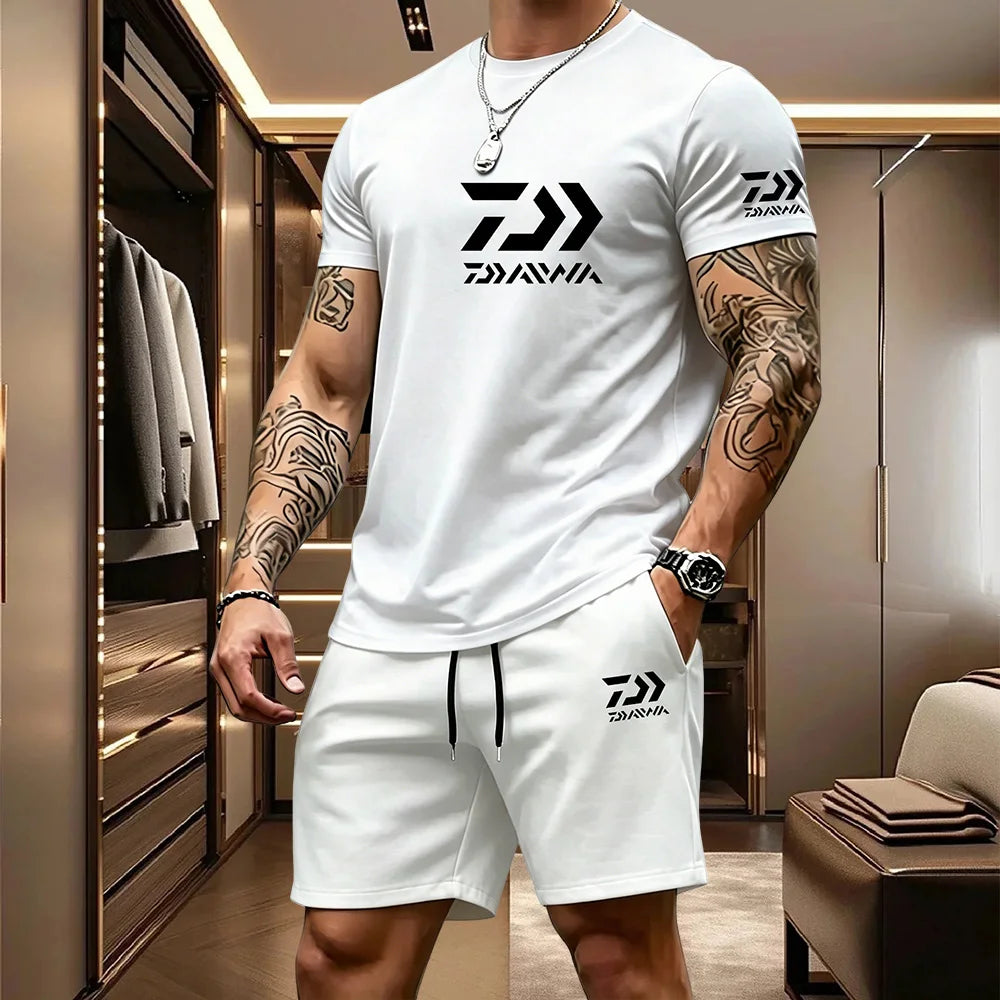 2026 Summer Men's Short Sleeved T-shirt Drawstring Shorts Set Breathable Outdoor Sports Set Men's Daily Fishing Suit