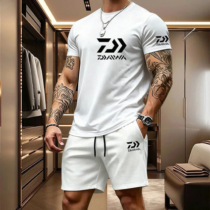 2026 Summer Men's Short Sleeved T-shirt Drawstring Shorts Set Breathable Outdoor Sports Set Men's Daily Fishing Suit