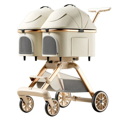 Twin Pet Cart Double Cabin Walking Pet Artifact Cat and Dog Outdoor Small and Medium Lightweight Foldable Double Layer Cart