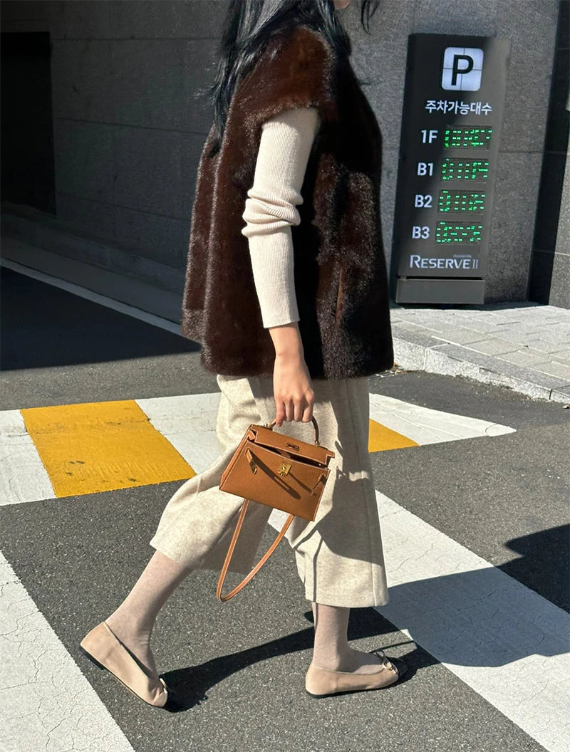 Women's Autumn Winter Faux Mink Hair Stand Collar Sleeveless Loose Vest Jacket Lady Streetwear Single Breasted Faux Fur Vest Top