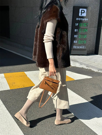 Women's Autumn Winter Faux Mink Hair Stand Collar Sleeveless Loose Vest Jacket Lady Streetwear Single Breasted Faux Fur Vest Top