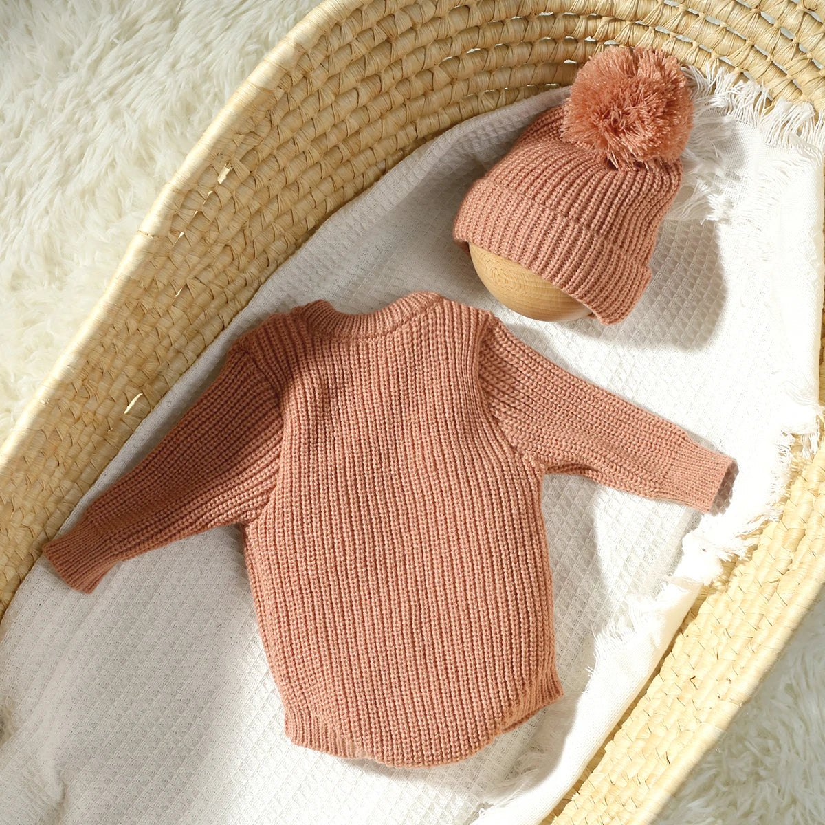 Ylsteed Hello World Knitting Newborn Photography Romper with Matching Pomp Hat Baby Boy Girl Sweater Outfits for Photo Shooting