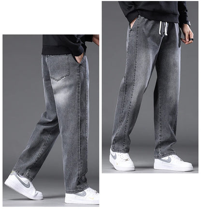Autumn Winter Blue Jeans Men Drawstring Elastic Waist Cotton Cargo Denim Pants Work Fashion Thick Trousers Male Plus Size M-4XL